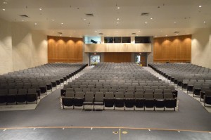 The control booth is located at the rear of the room to provide limited access and good sight lines. The monitor speakers were time-aligned and tonally balanced to simulate the sound on the floor. The digital console’s iPad app provides complete control from the floor for more critical mixing in the live field.