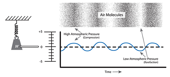 Figure 1: Pulling down on the weight sets in motion the interplay between inertia and elasticity (among other forces) that causes the coils of a weighted spring to expand and contract around its typical resting point (equilibrium). Similarly, the spacing between air molecules continues to move closer and further apart relative to their resting position (atmospheric pressure). When the rate of this alternating movement in air occurs (somewhere between 20 and 20,000 times per second), we have the vibrations known as a sound wave.