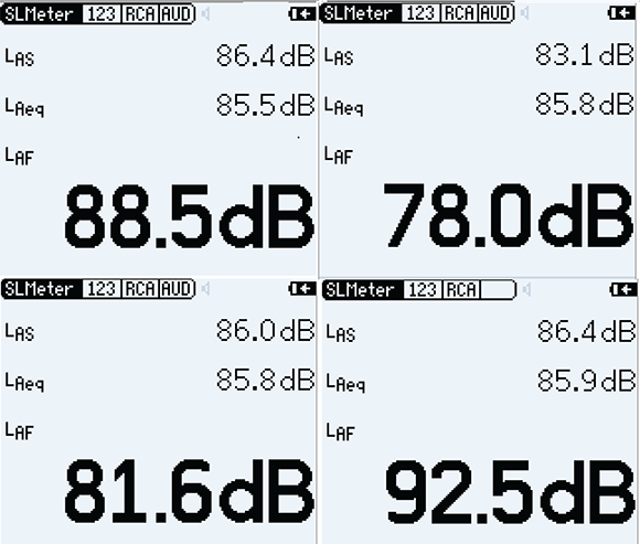 Figure 1. Snapshots of a sound level meter screen, made a few seconds apart, during a measurement of the same speech sample.