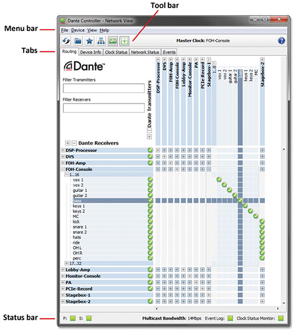 Network View within Dante Controller software provides easy access to name-based routing.
