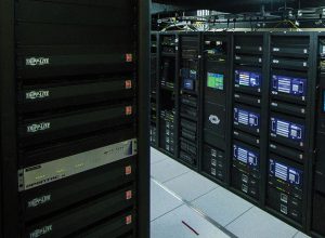 The new climate-controlled rack room contains 22 AV racks.