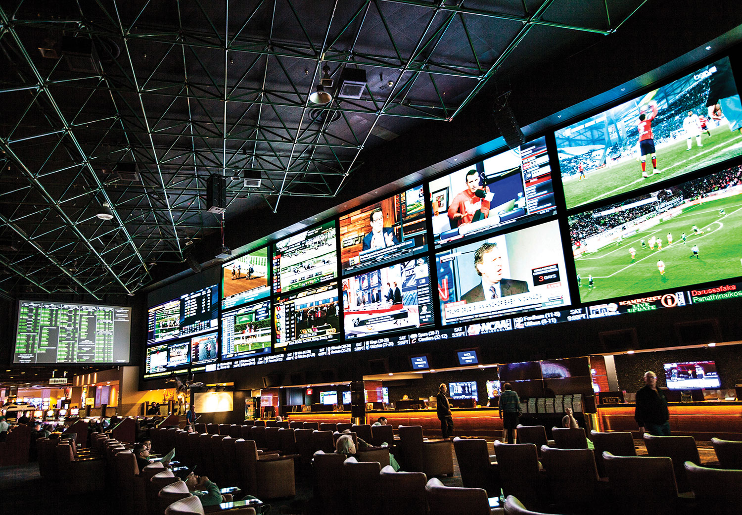 Left side of the videowall and temporary betting stations.