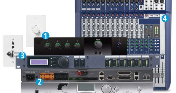 1) basic mixer, (2) DSP with matrix mixer, (3) zone processor, (4) production mixer.