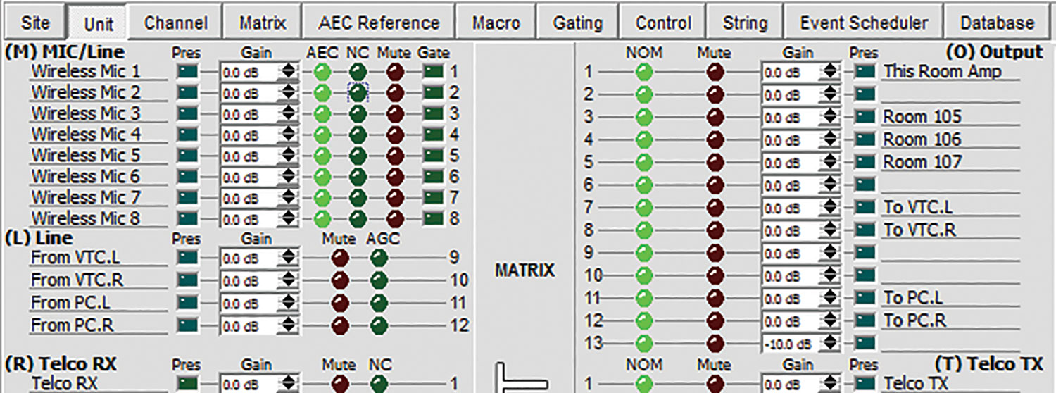One of the many auto mixer configuration screens with the integrator setup software.