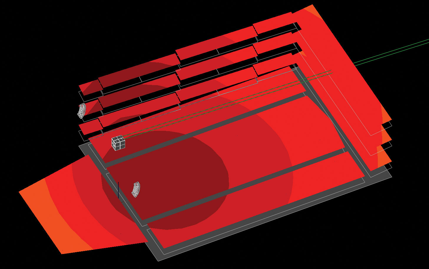 Figure 3. Cardioid, C/L-based solution for a traditional symphony hall. Note the -9dB upstage area, where that level is not reached in the house until the rear mezzanine balconies, almost 120 feet distant.