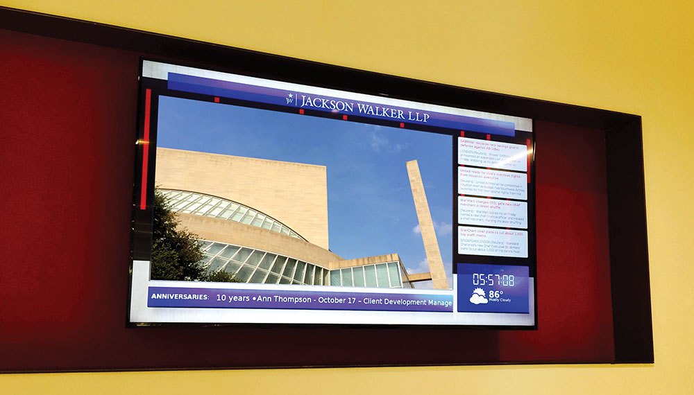 Digital signage content features local and world news.