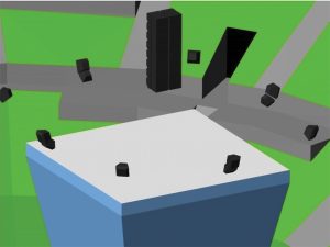 Concept model of point-source arrays arranged around the scoreboard with a subwoofer array above the scoreboard.