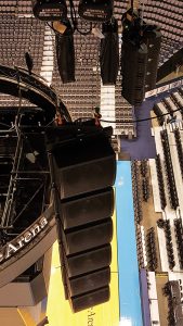 One of four subwoofer arrays. Each of these has six vertically stacked cardioid subwoofer enclosures.