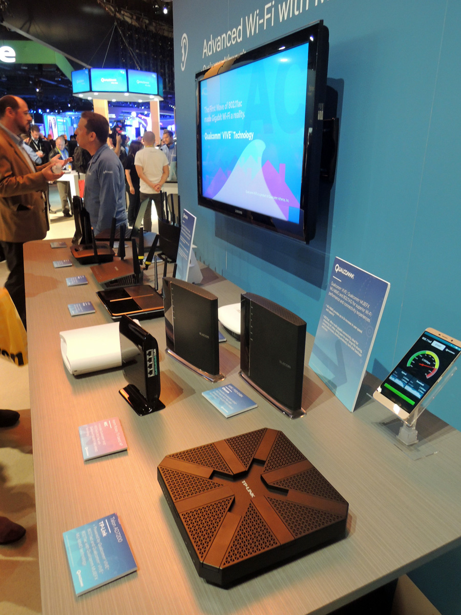 One booth at CES 2016 featured no less than 12 preproduc- tion models of tri-band (2.4, 5, 60GHz) WiFi modems.