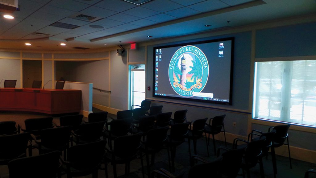 New projection hardware and screens provide brighter and more engaging images for both audience and presenters in Key Biscayne’s newly redesigned council chambers.