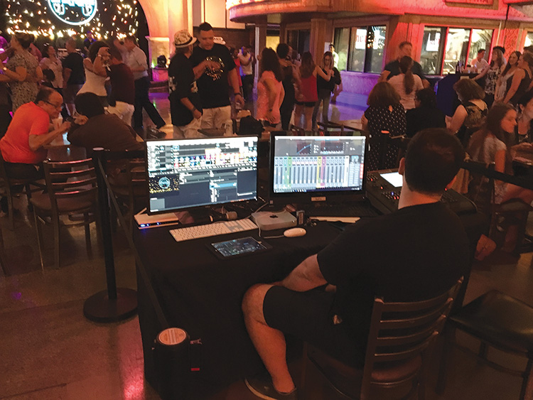 Plaza Mariachi’s front-of-house position is on the dancefloor, with conduit cabling to the PA and lighting, and with iPad control that allows the mixer to listen in various areas of the room.