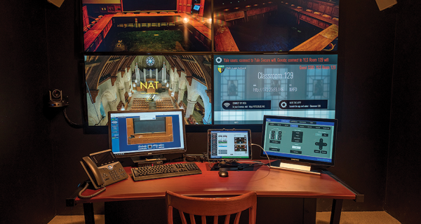 A view of the Yale Law School master control room. It’s built to operate all the classrooms in the Sterling Law Building and Baker Hall.