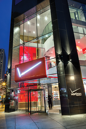 The Verizon Wireless Chicago exterior features 10-foot-wide by 35-foot-tall videowall.