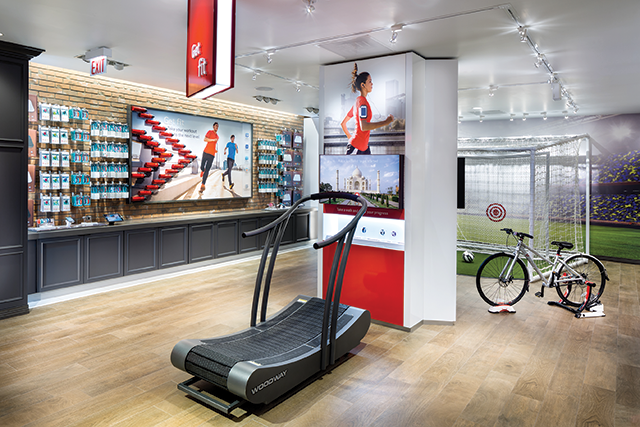 The “Get Fit” zone helps the shoppers test equipment. Here, users test fitness trackers while on the treadmill or bike. In this scenario, an HD display provides content for full immersion in the experience. In users’ minds, they aren’t in a store testing equipment with hundreds of eyes watching, they are on their Sunday run.