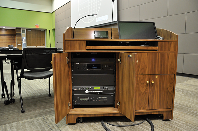 The custom lectern inside one of the divisible conference/training rooms.