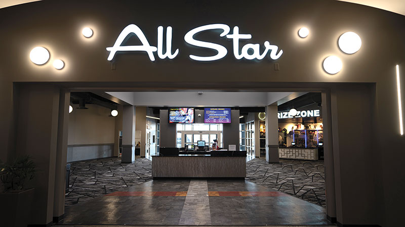 The entrance to All-Star Bowling & Entertainment from inside the Valley Fair Mall in West Valley UT.