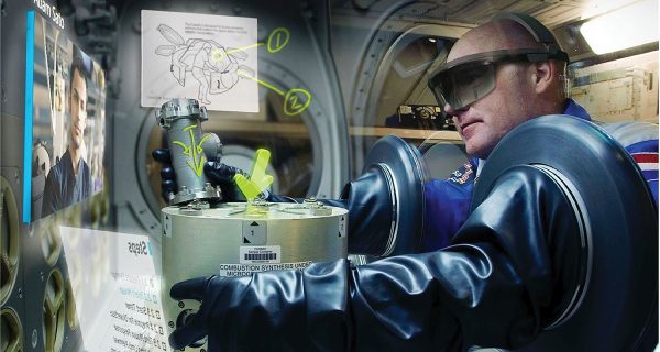 Microsoft HoloLens augmented-reality headset in use aboard the ISS, as part of Project Sidekick.