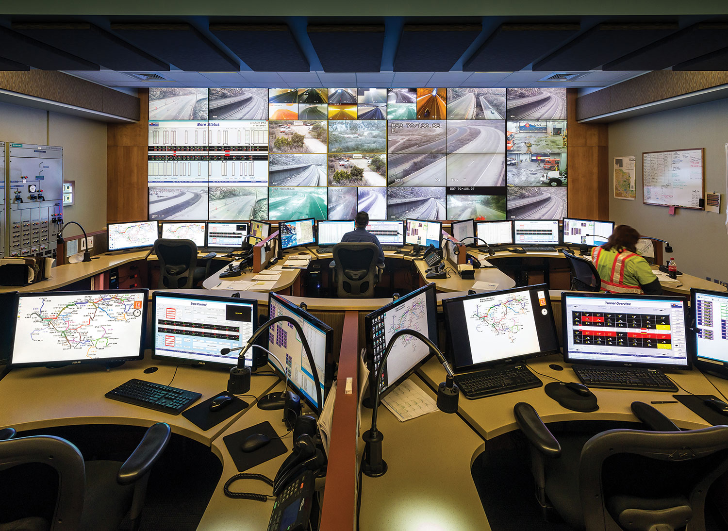 The control room, located above one of the tunnel bores, features five operator workstations. The video selection is designed to provide a sequential view of the highway, organized to reduce workload. Critical life-safety alarms are audibly reported to operators so the operators can remain focused on key tasks.