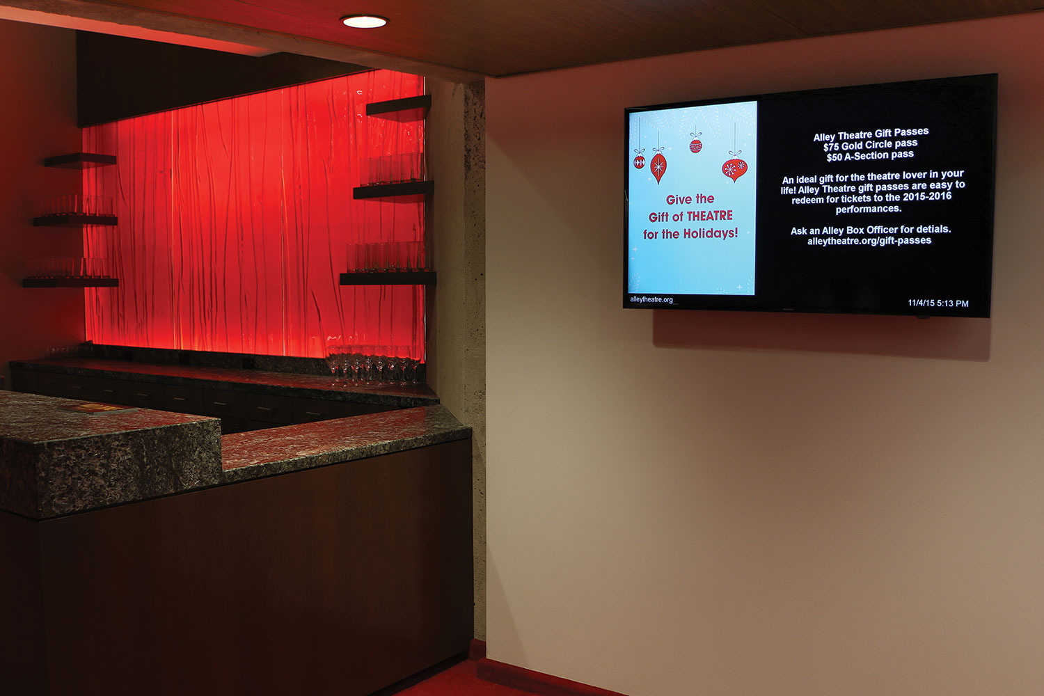 Large LED displays were installed in conjunction with a digital signage system to complement the renovated box office and lobby areas.