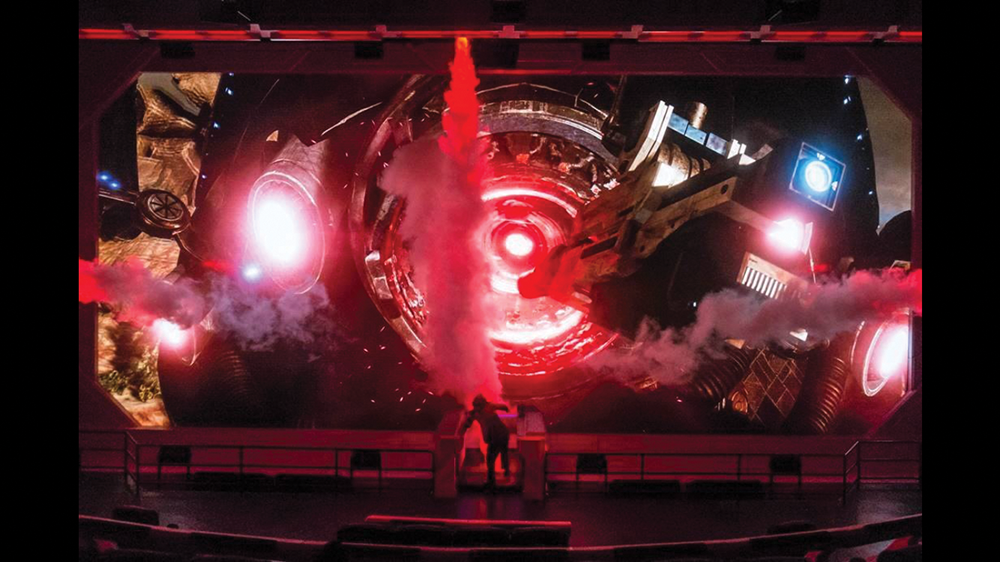 Closing scene of Mass Effect: New Earth, in which a live actor interacts with a 3D film on an LED screen.