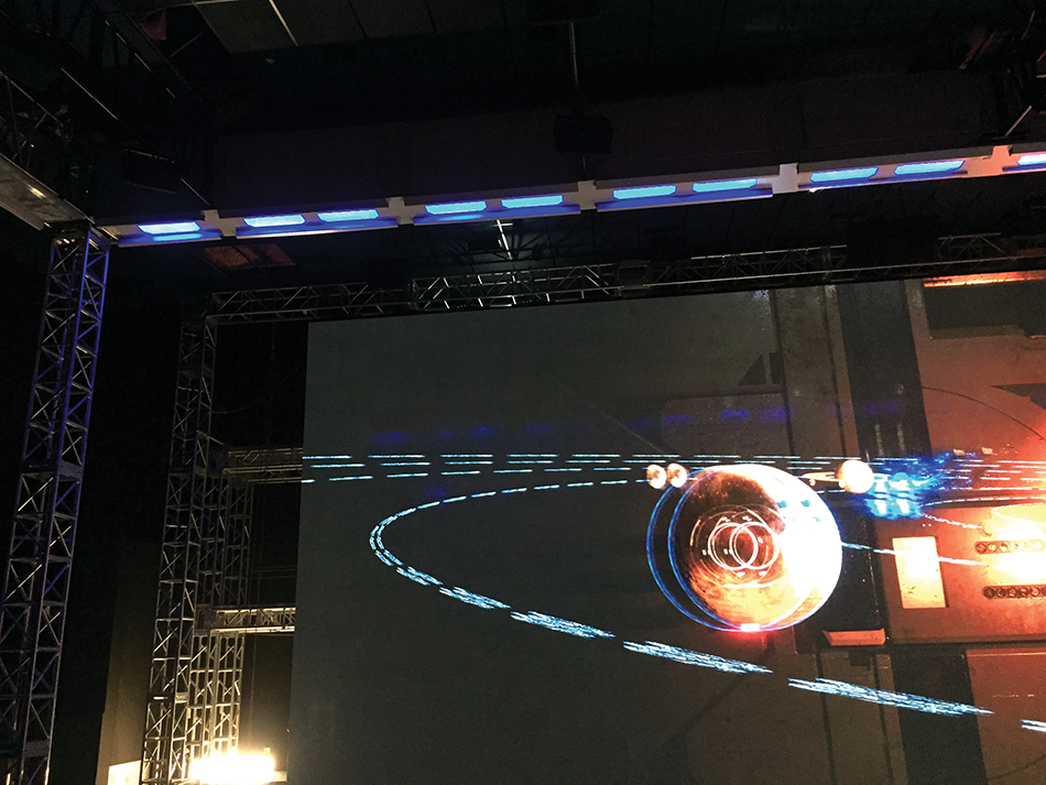 Two-thirds of the screen installed in theater for testing 3D and other effects.