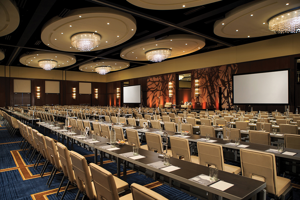 According to Jeff Loether of Electro-Media Design, meeting planners who want venues to look more polished don’t want AV components simply wheeled in for events. The AV is present in the Grand Ballroom of the Renaissance Dallas.