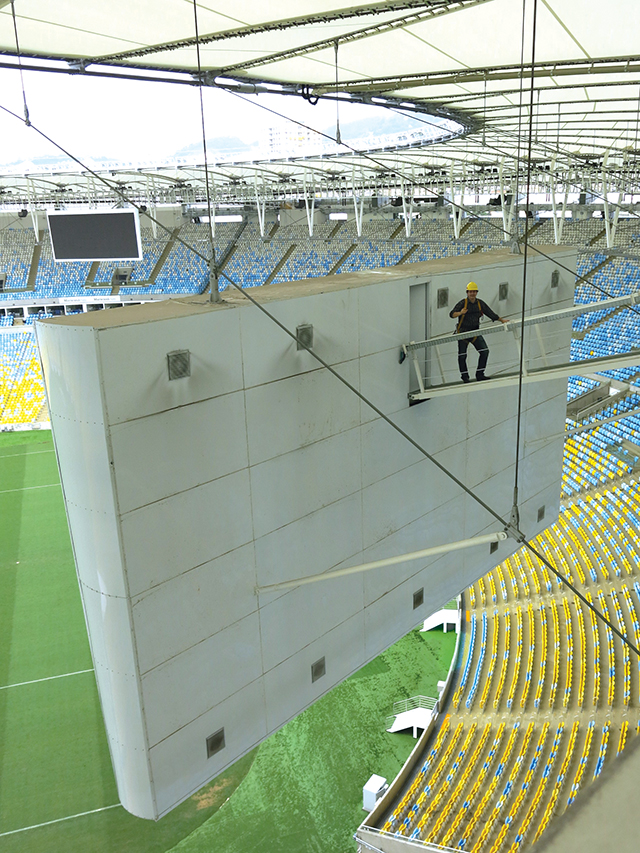 Photo: WSDG The author, pictured on the ramp leading to one of four large LED videowalls created for the 2016 Olympic Games in Rio’s Maracanã Stadium.