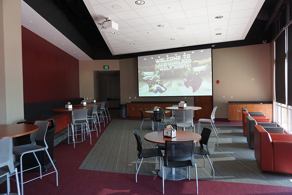 Like many of the arena’s interior spaces, the VIP lounge can also double as a training classroom, with projection video and ceiling audio.