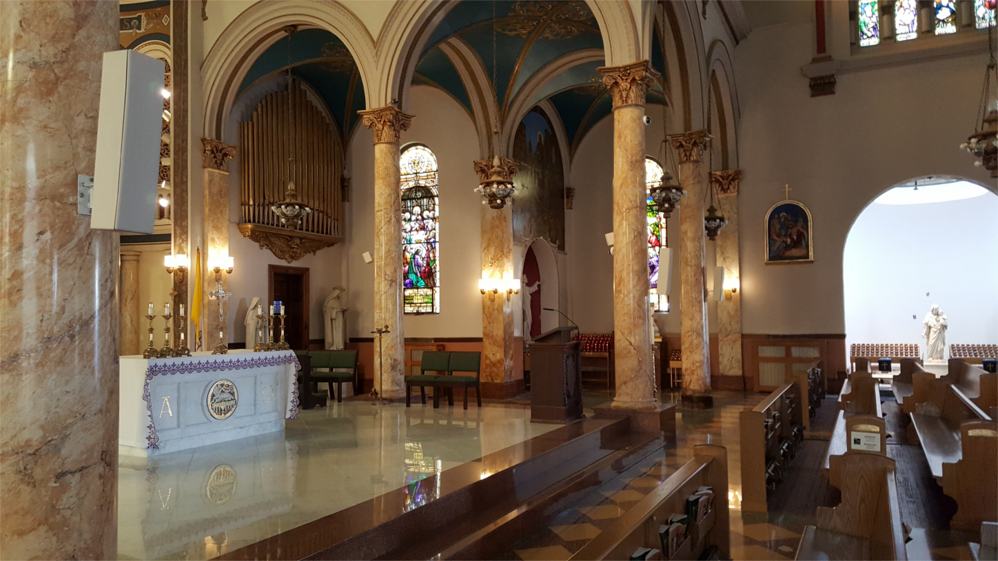 Four independently powered line array source speakers are installed on the front columns of the transepts, cosmetically treated to blend with the environment.