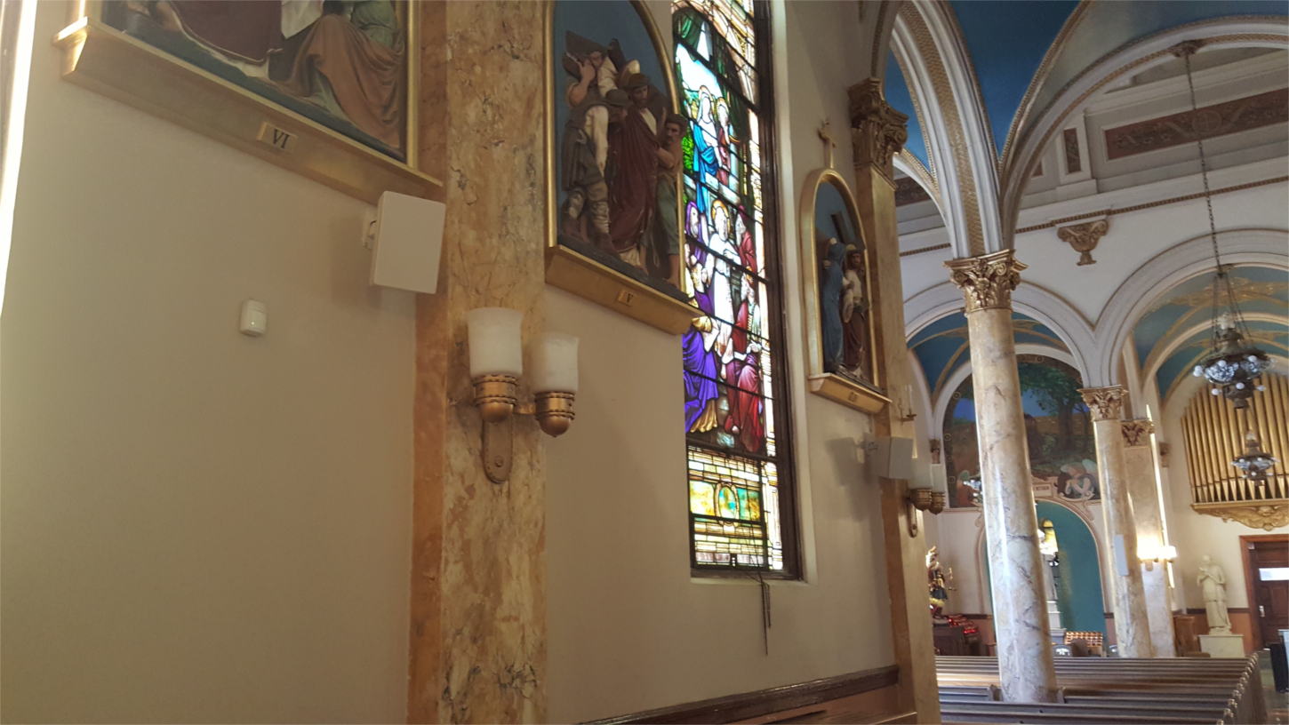 Four independently powered support speakers were installed in the nave, custom painted and with custom grille cloths to blend with the environment.