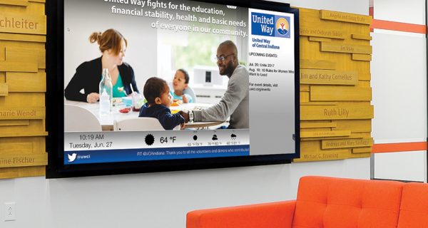 UWCI’s new location features digital signage displays to inform staff and visitors of its mission and its progress toward goals.