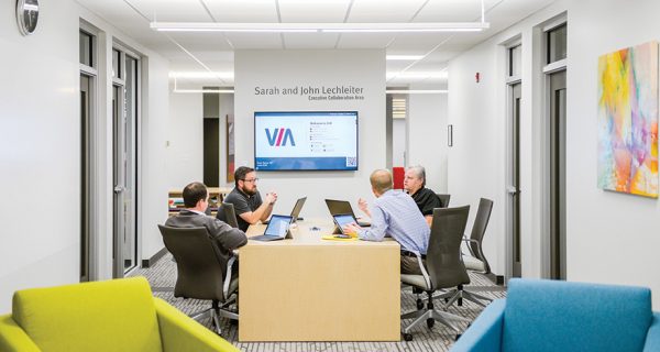 Ad-hoc meeting spaces dubbed “Neighborhood” or “Jump In” provide quick and simple AV connections for collaboration.