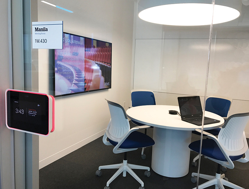 Room schedule displays are installed outside small and large meeting rooms.