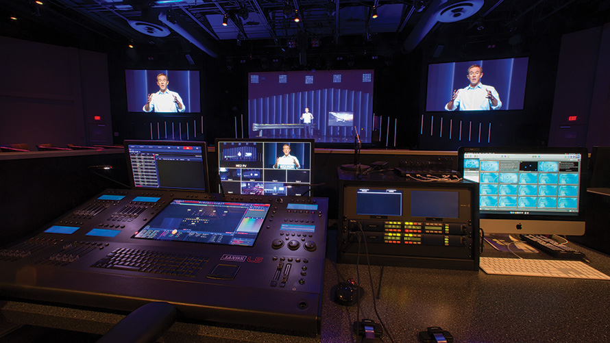 The Peachtree City campus features multiple workstations dedicated to onscreen graphics, and there are dedicated graphics operators for both the in-house and online streams.