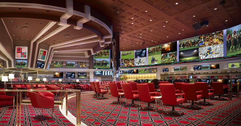 The front of the book is filled with individual carrels for horseracing fans to place their bets on 21.5 inch touchscreens; to the left of the picture, the back of the room has a stadium level view of every other sport.