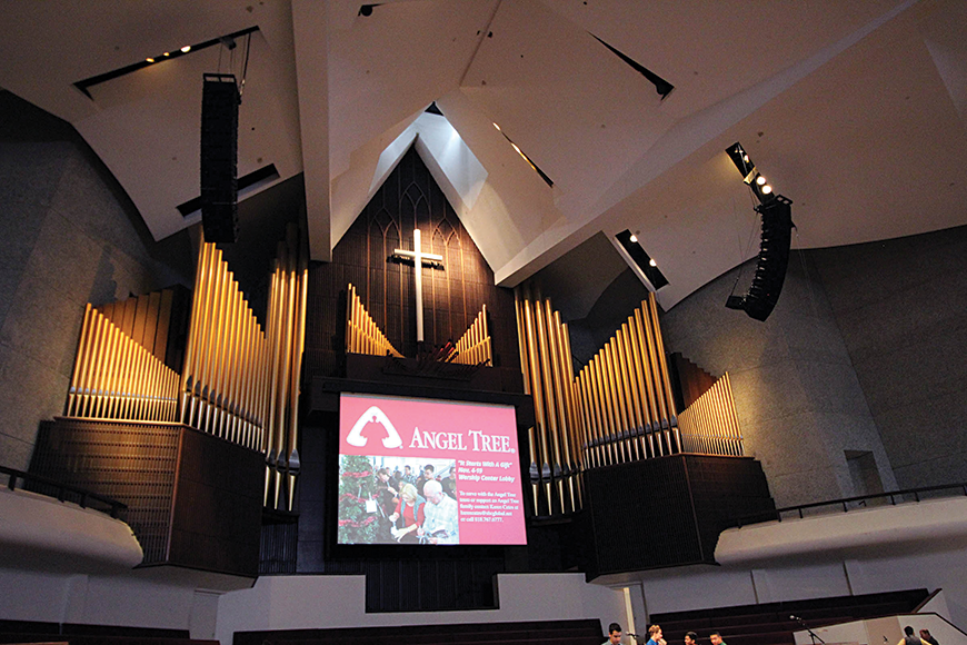 Lake Avenue Church’s main sanctuary is a visually impressive performance space whose aesthetic is dominated by a massive pipe organ. The building features a unique acoustic design, with extensive acoustic treatment on the ceiling and walls.