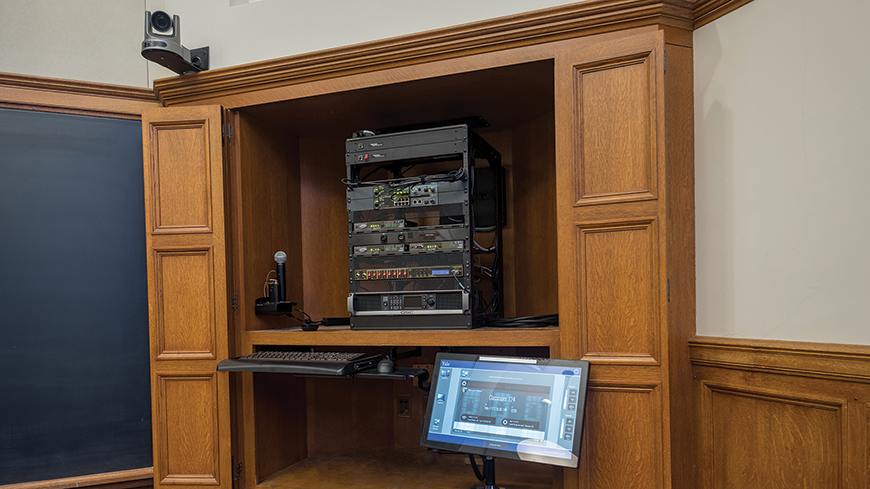 A view of Yale Law School classroom 124’s equipment rack. Local rack equipment is reduced, as all other equipment is in the master control rack.