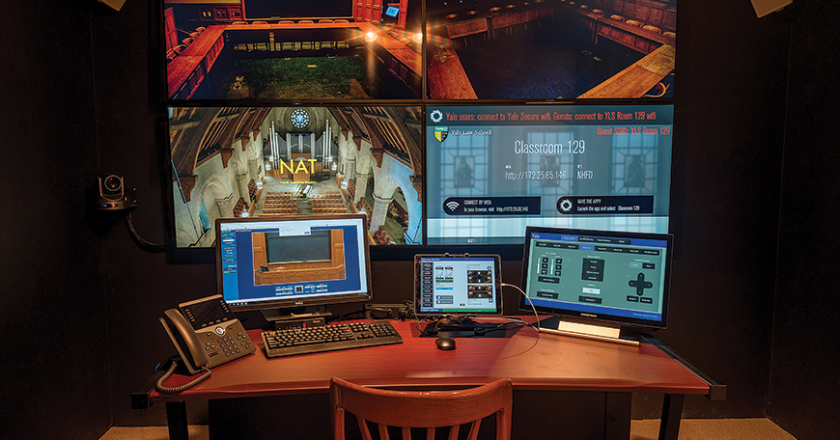 A view of the Yale Law School master control room. It’s built to operate all the classrooms in the Sterling Law Building and Baker Hall.