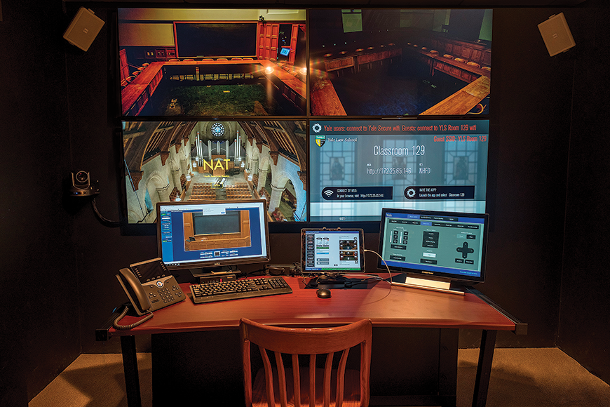 A view of the Yale Law School master control room. It’s built to operate all the classrooms in the Sterling Law Building and Baker Hall.