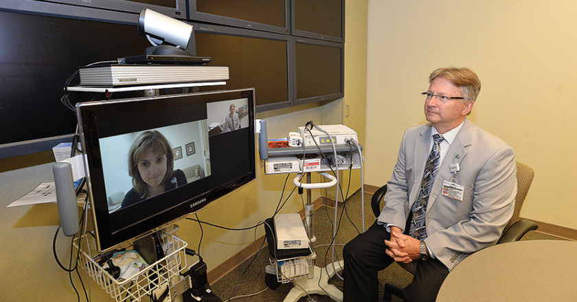 One of the “Bruce” carts that LVHN deploys to rooms that don’t yet have installed AV systems, which are covered by the AICU’s monitoring network.