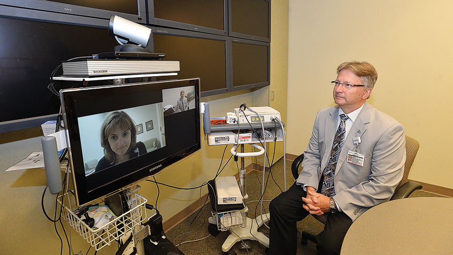 One of the “Bruce” carts that LVHN deploys to rooms that don’t yet have installed AV systems, which are covered by the AICU’s monitoring network.