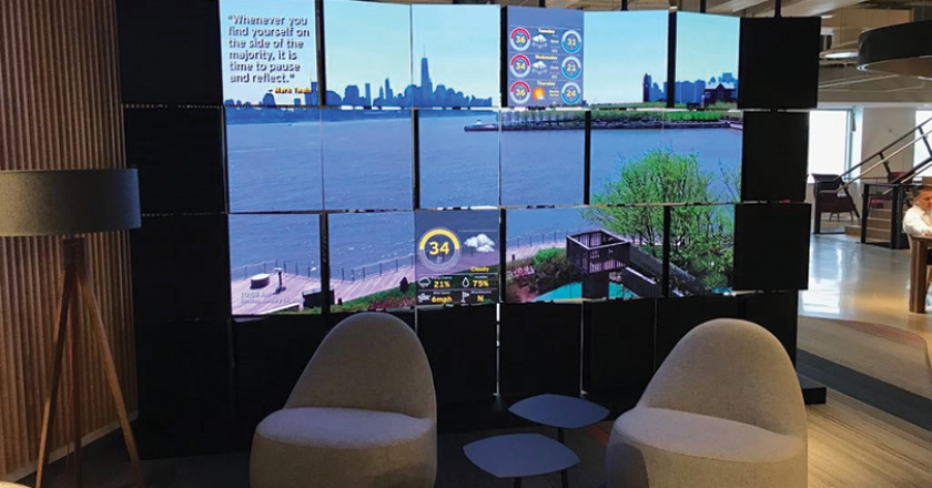 This innovative videowall positions the company as a creative and tech-advanced place to work. As seen in this image, individual LED panels are in rotational mode, and they will create a dramatic, mosaic-like visual experience.