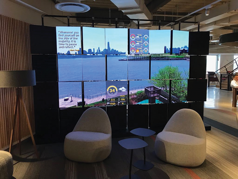 This innovative videowall positions the company as a creative and tech-advanced place to work. As seen in this image, individual LED panels are in rotational mode, and they will create a dramatic, mosaic-like visual experience.