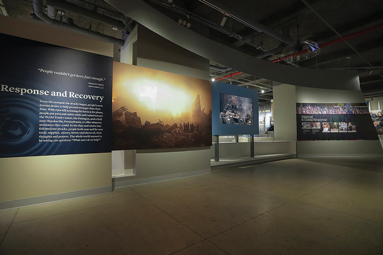 Selected galleries in the 9/11 Tribute Museum employ directional speakers to focus the audio in viewing areas and limit interference with neighboring galleries.