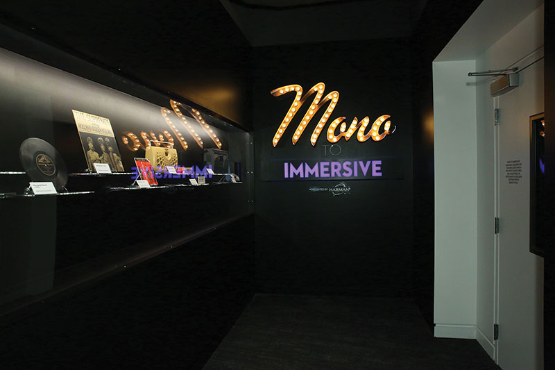 Although there’s plenty of audio and video technology to befit a museum dedicated to sound, the venue also boasts lots of physical artifacts. These include the vinyl and cassette formats on display at the entrance to the “Mono to Immersive” exhibit, as well as the guitars that line several of the walls.