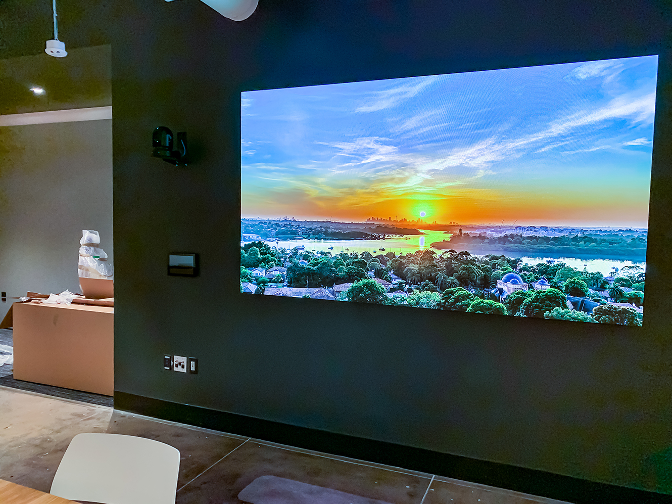 A Samsung videowall installed in Twitch's NYC HQ All Hands event space