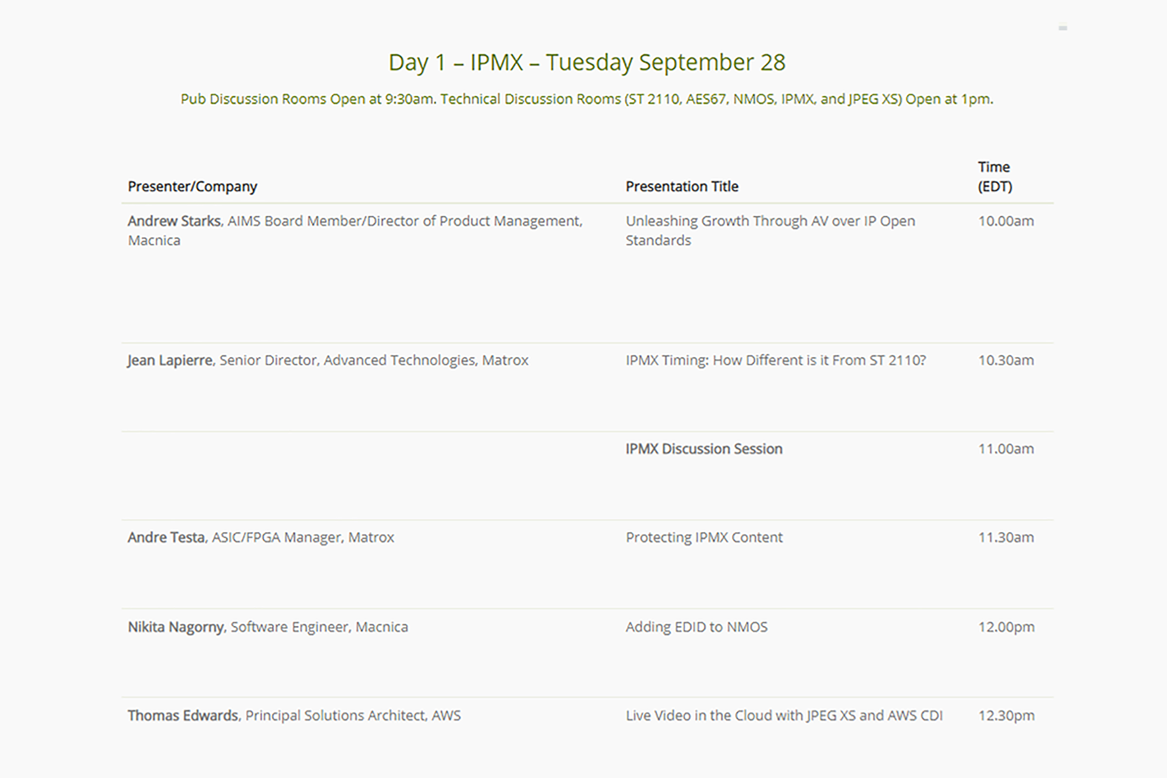 The Alliance for IP Media Solutions (AIMS) IP Oktoberfest 2021 day 1 speaker lineup and presentation schedule