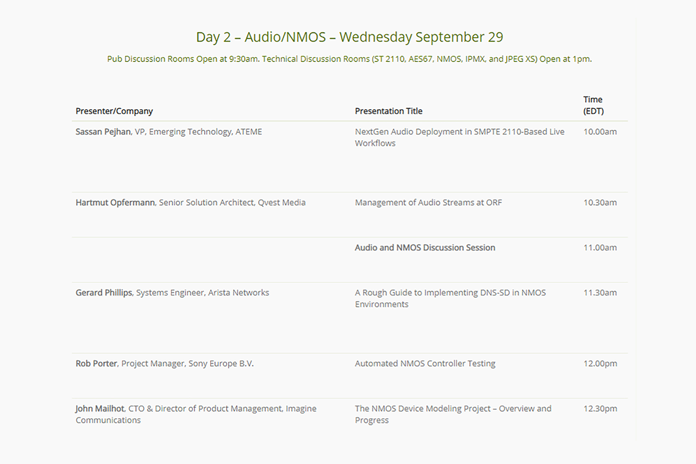 The Alliance for IP Media Solutions (AIMS) IP Oktoberfest 2021 day 2 speaker lineup and presentation schedule